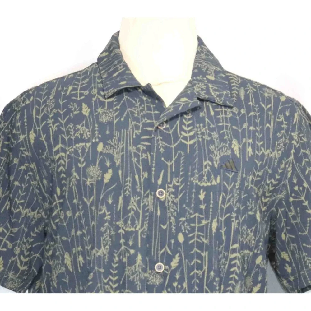 Adidas Go-To Camp Shirt Blue‎ Beige Button Front Short Sleeve Mens Size Large